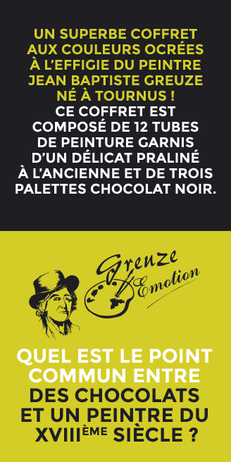 Un superbe coffret aux couleurs ocrées à l’effigie du peintre Jean baptiste Greuze né à tournus ! Ce coffret est composé de 12 tubes de peinture garnis d’un délicat praliné à l’ancienne et de trois palettes chocolat noir.